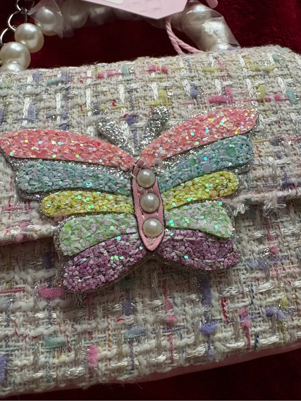 Kids Pink Tweed Butterfly Crossbody Bag with Pearl Handle